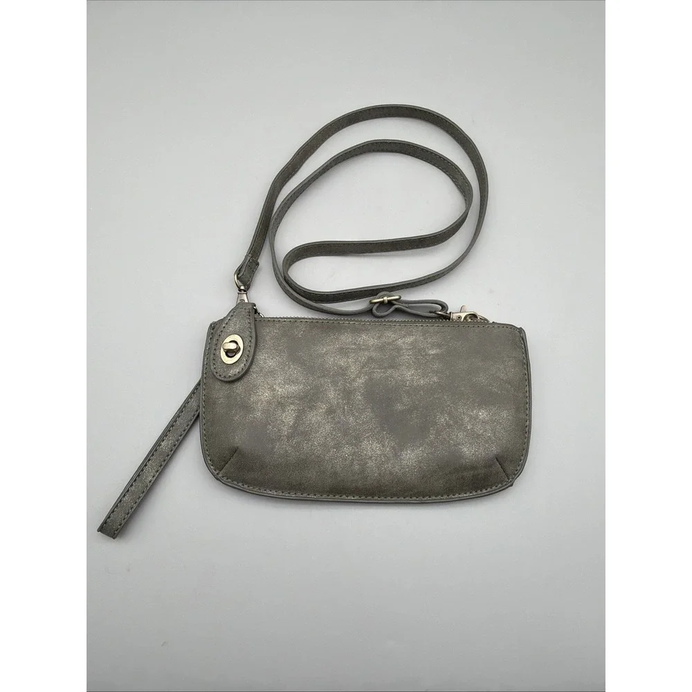 Joy Susan Crossbody Purse Wristlet Clutch Vegan Faux Leather Pewter EUC